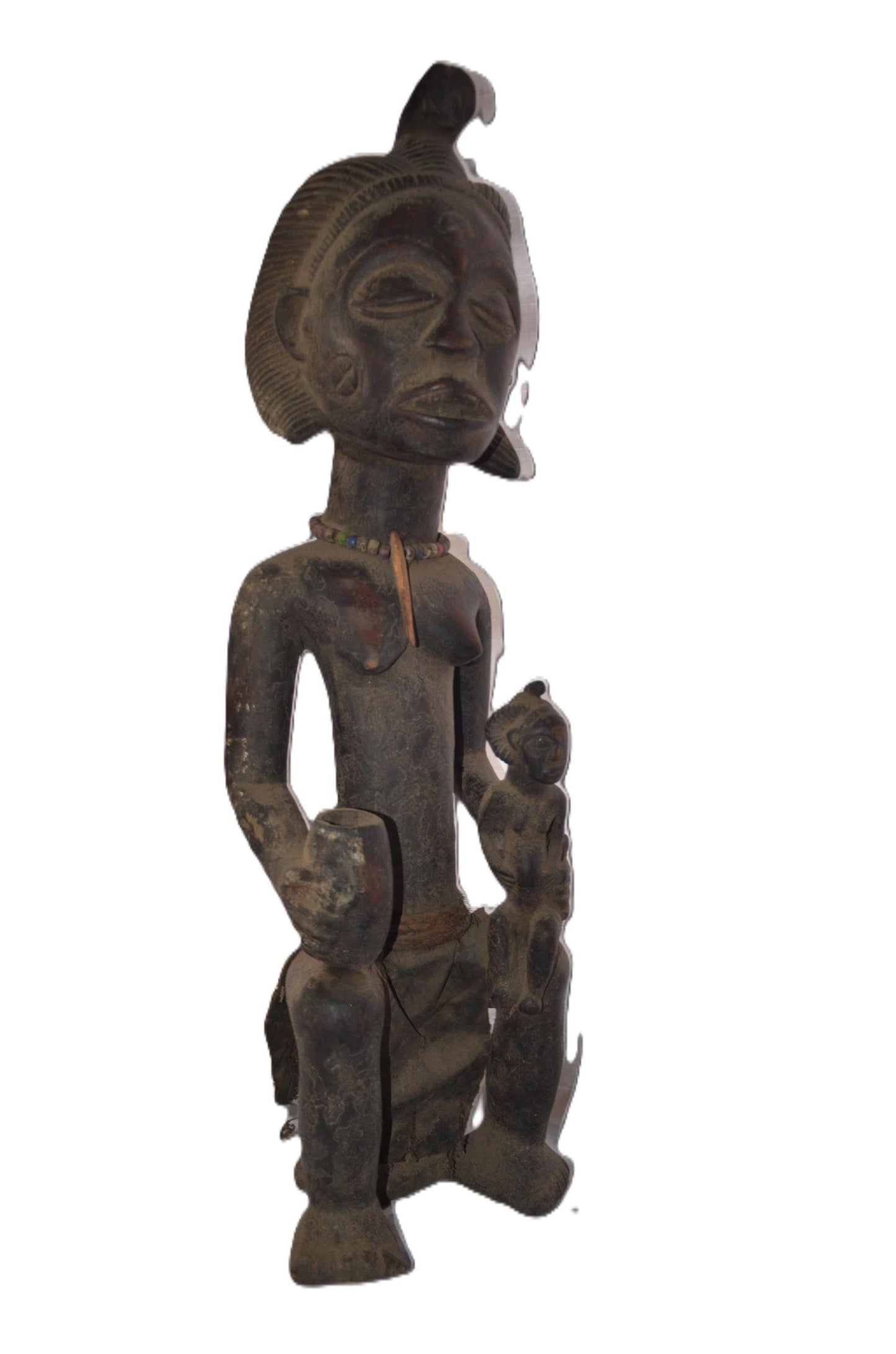 Luba Maternity Statue | Tall Seated Figure with Cup | Congo Tribal Beaded Mother Art