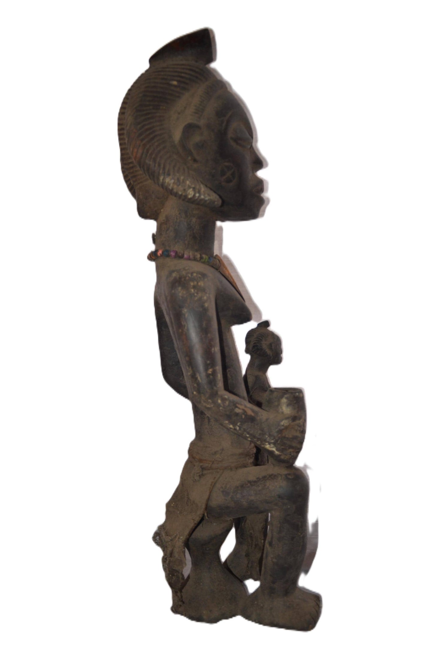 Luba Maternity Statue | Tall Seated Figure with Cup | Congo Tribal Beaded Mother Art