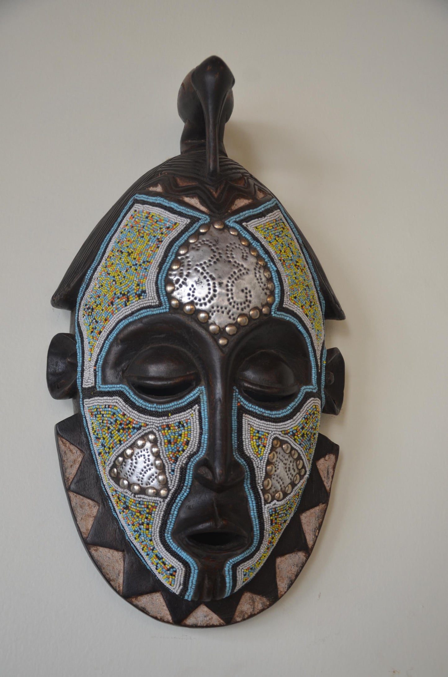 Kusu Tribal Mask | Beaded Painted Wood Wall Decor | Congo Ceremonial Art