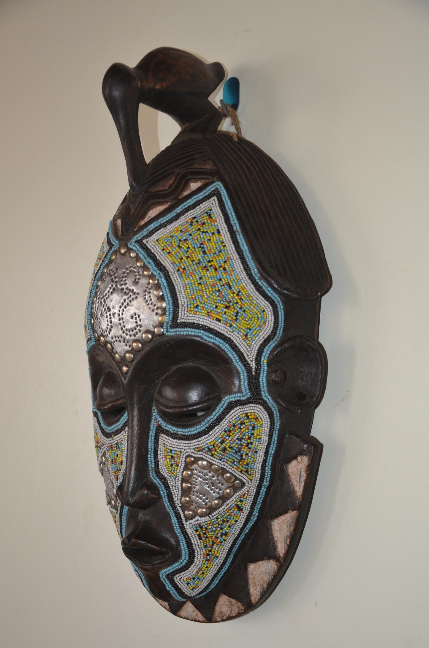 Kusu Tribal Mask | Beaded Painted Wood Wall Decor | Congo Ceremonial Art