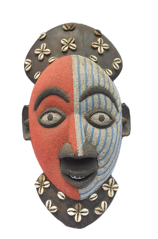 Luba Beaded Mask | Hand-Carved Wood Wall Decor | Congo Colorful Tribal Art