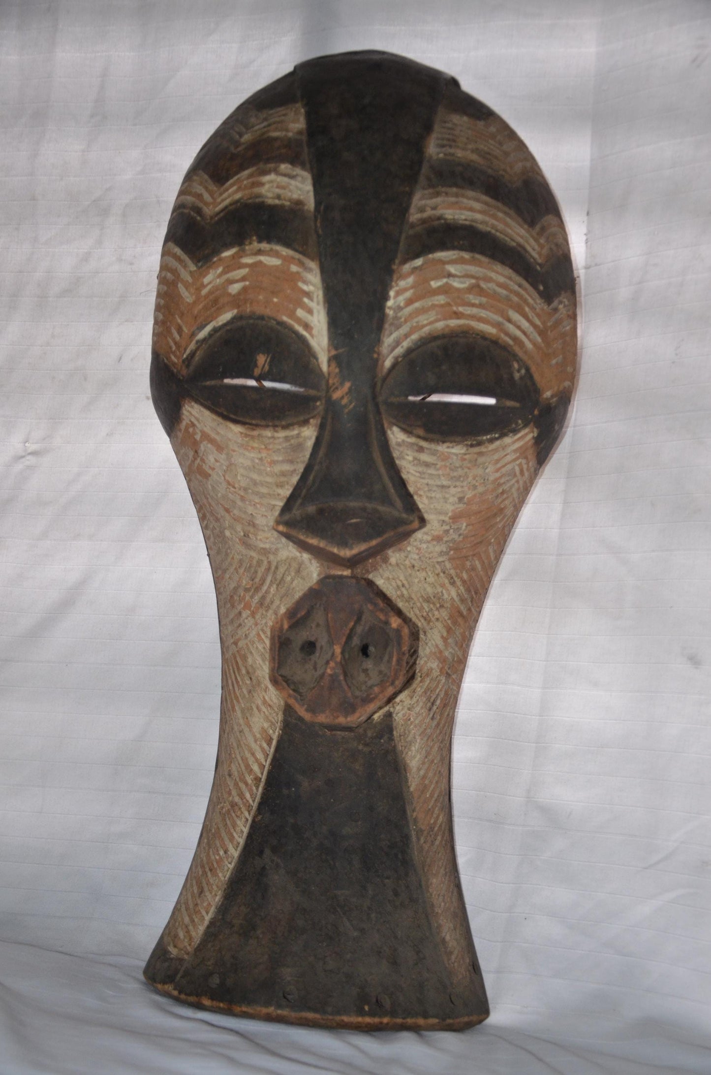Songye Kifwebe Mask | Large Wavy Striated Wood Art | Congo Kaolin Tribal Wall Decor