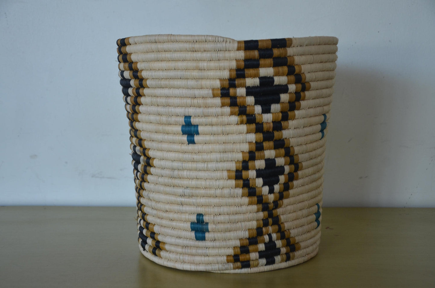 African Coiled Basket | Handwoven Diamond Pattern Bin | Turquoise Accent Storage Art
