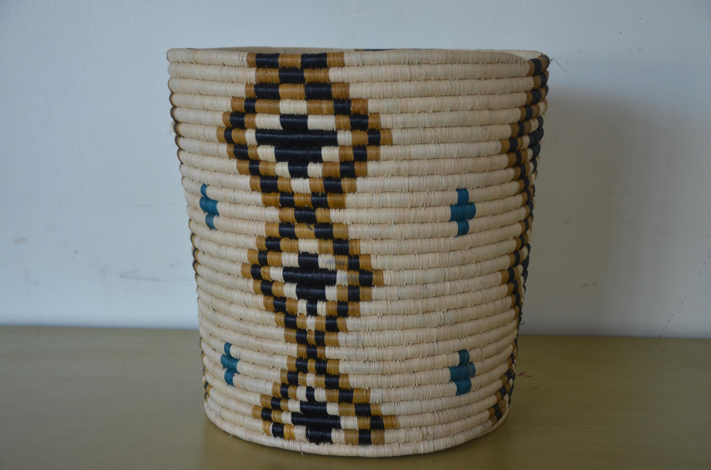 African Coiled Basket | Handwoven Diamond Pattern Bin | Turquoise Accent Storage Art