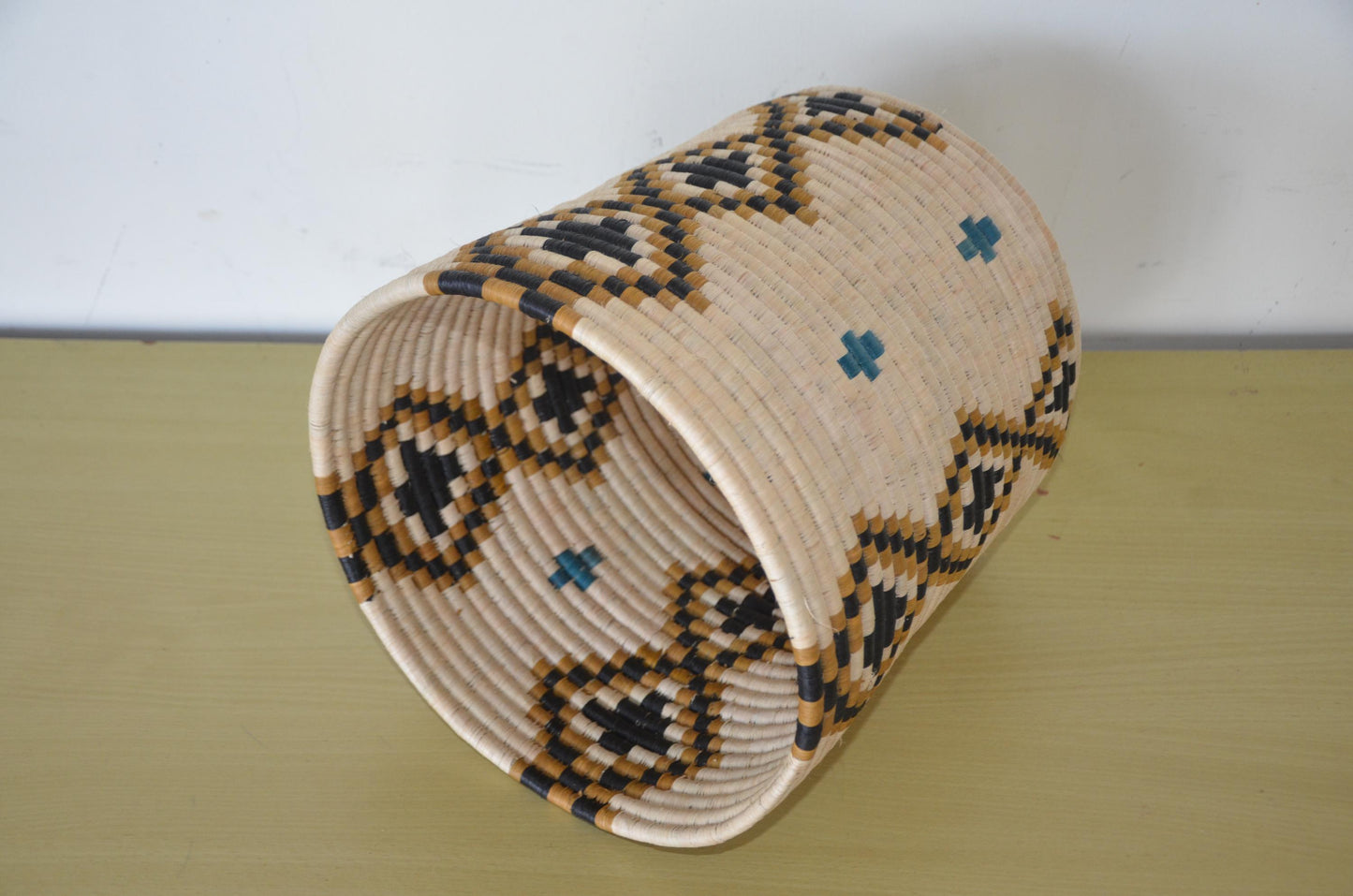 African Coiled Basket | Handwoven Diamond Pattern Bin | Turquoise Accent Storage Art