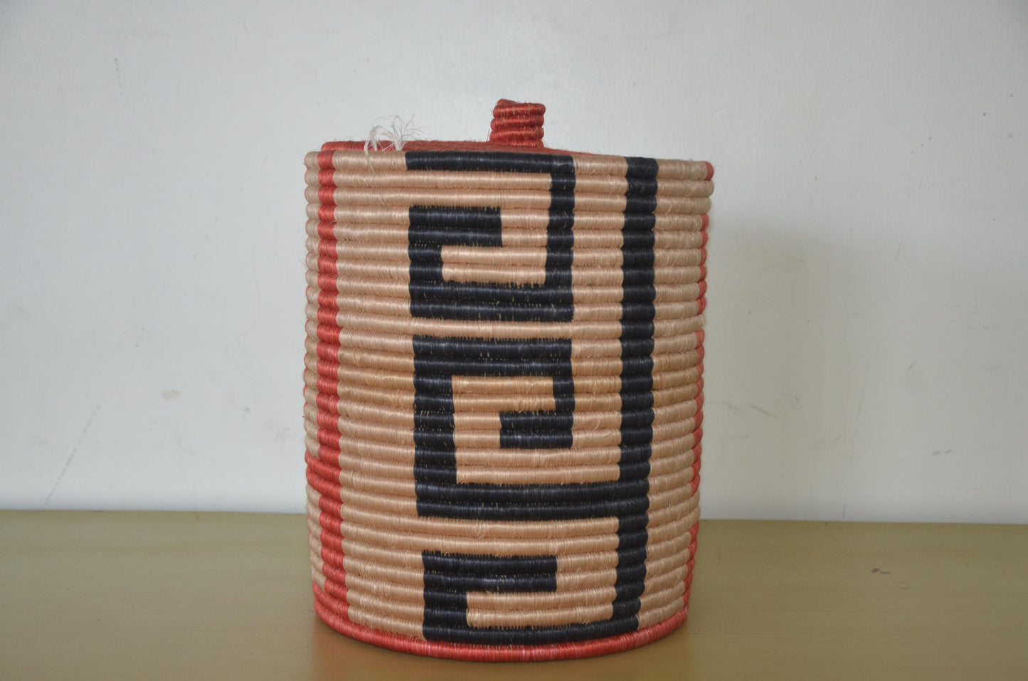 Handwoven Coiled Basket with Lid | Terracotta Geometric Maze Bin | Sisal Storage Box