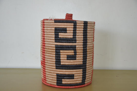 Handwoven Coiled Basket with Lid | Terracotta Geometric Maze Bin | Sisal Storage Box
