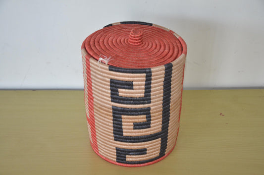 Handwoven Coiled Basket with Lid | Terracotta Geometric Maze Bin | Sisal Storage Box