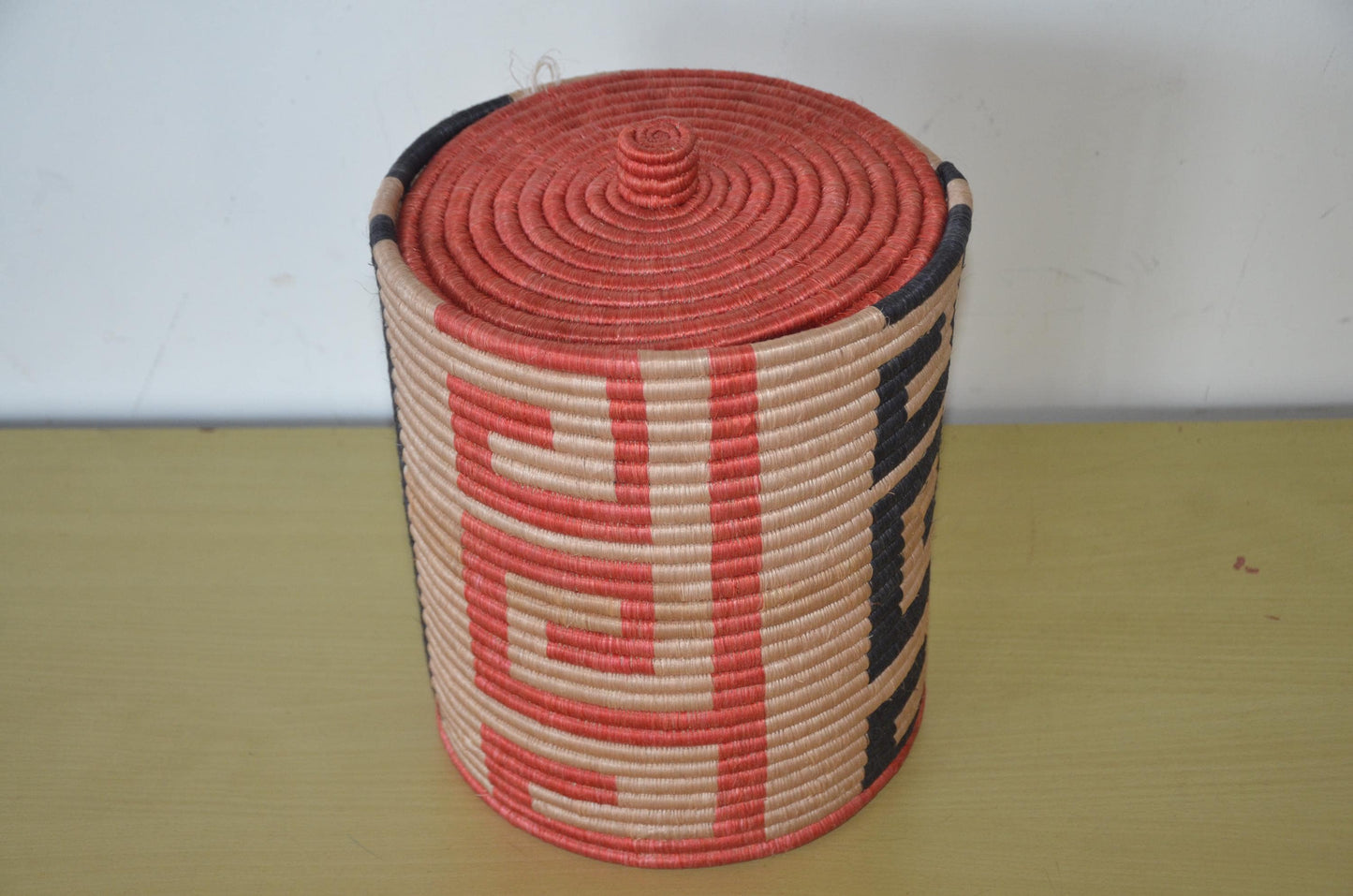 Handwoven Coiled Basket with Lid | Terracotta Geometric Maze Bin | Sisal Storage Box