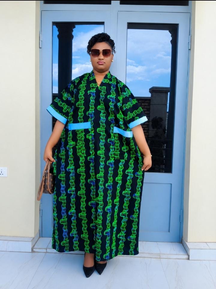 Emerald Boubou Dress | Royal Green African Maxi Gown | Oversized Flowy Kaftan With Blue