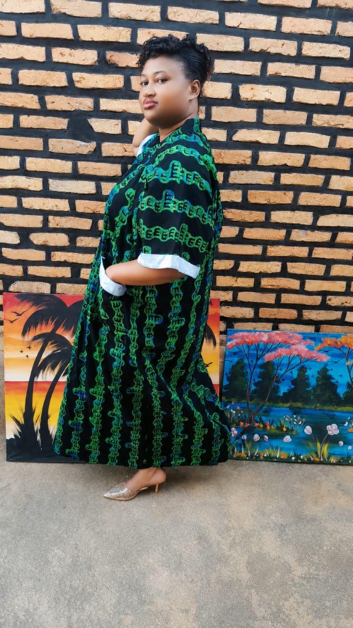 Emerald Boubou Dress | Royal Green African Maxi Gown | Oversized Flowy Kaftan With Blue
