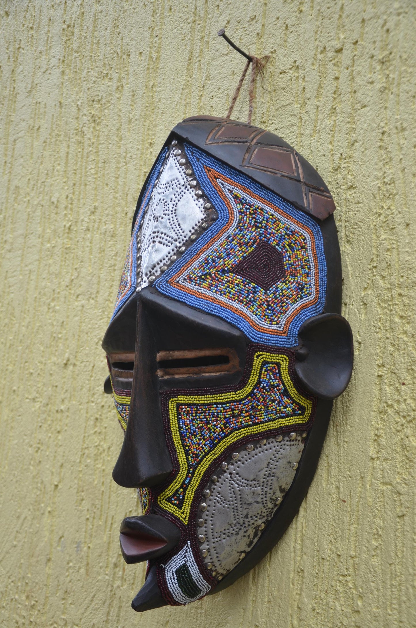 Lwalwa Beaded Mask | Hand-Carved Wood Cubist Art | Congo Colorful Geometric Tribal Decor