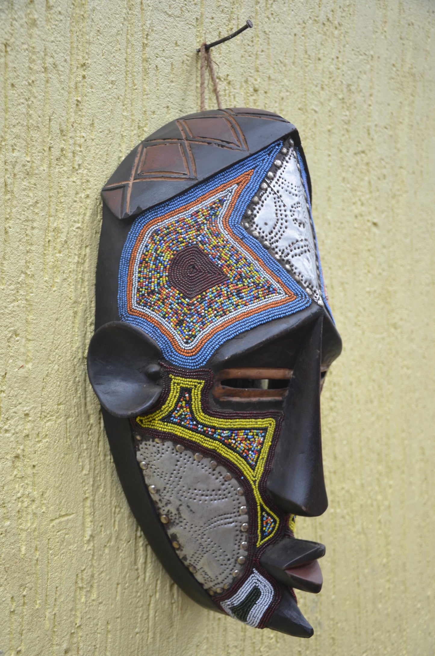 Lwalwa Beaded Mask | Hand-Carved Wood Cubist Art | Congo Colorful Geometric Tribal Decor