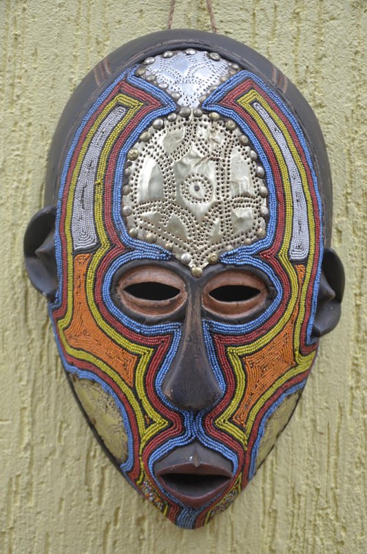 Ashanti Luba Beaded Mask | Hand-Carved Wood Tribal Art | Colorful Glass Bead Wall Decor