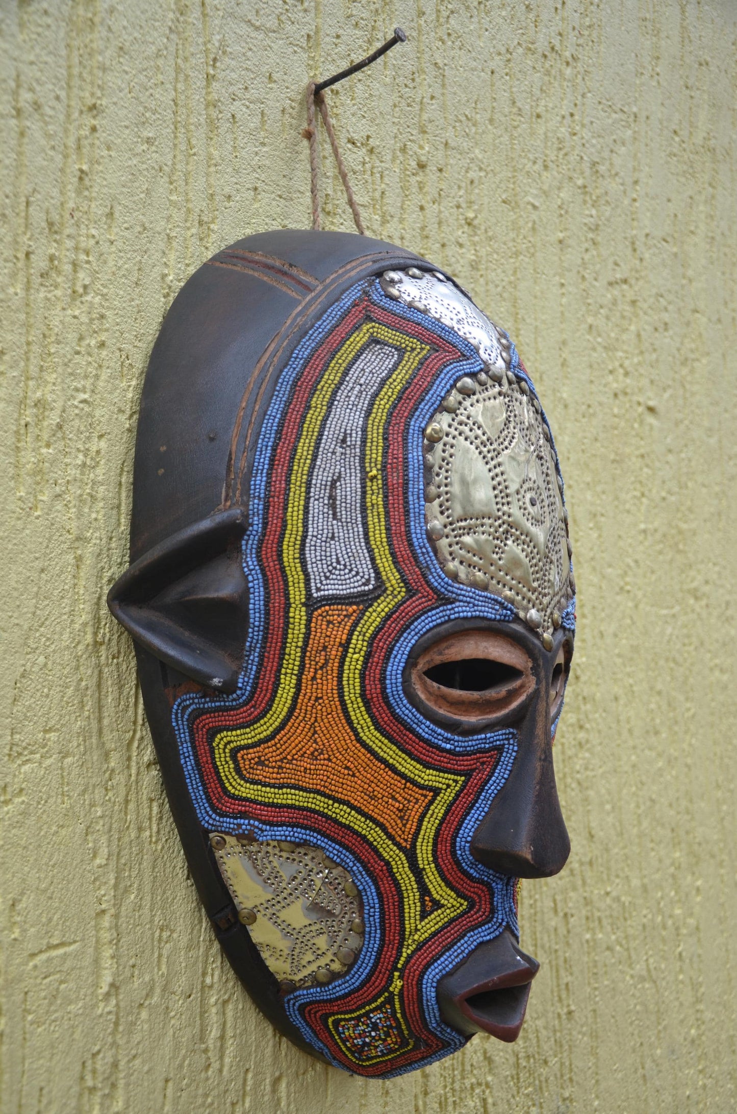 Ashanti Luba Beaded Mask | Hand-Carved Wood Tribal Art | Colorful Glass Bead Wall Decor