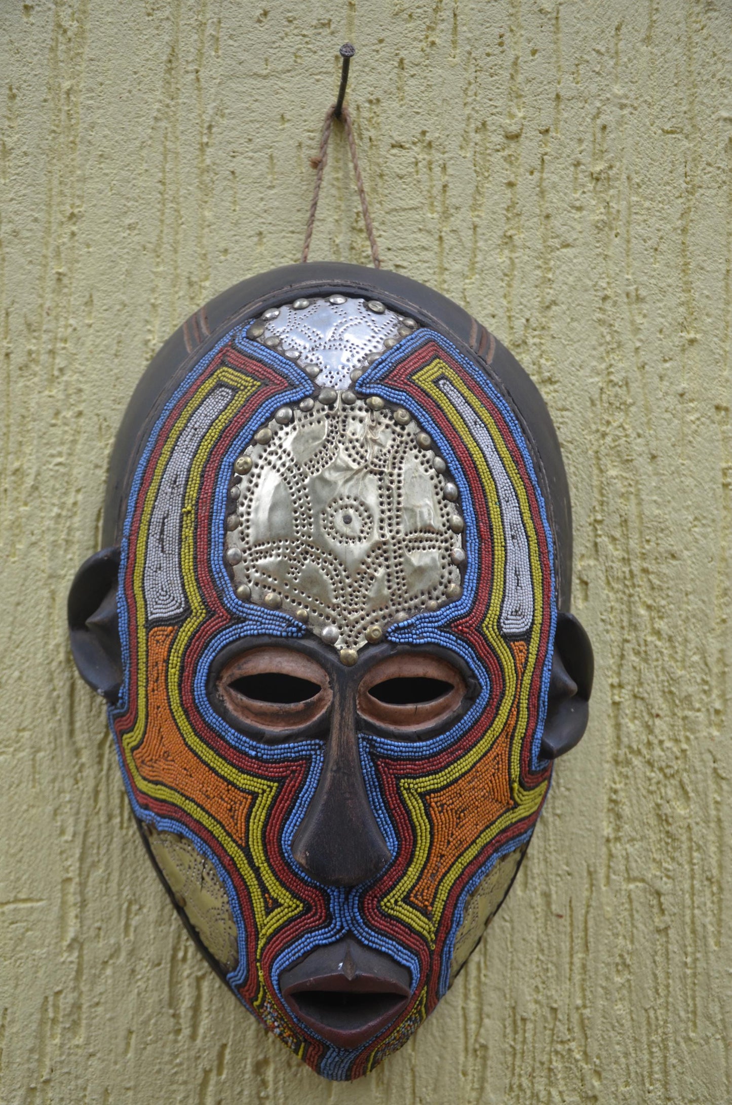 Ashanti Luba Beaded Mask | Hand-Carved Wood Tribal Art | Colorful Glass Bead Wall Decor