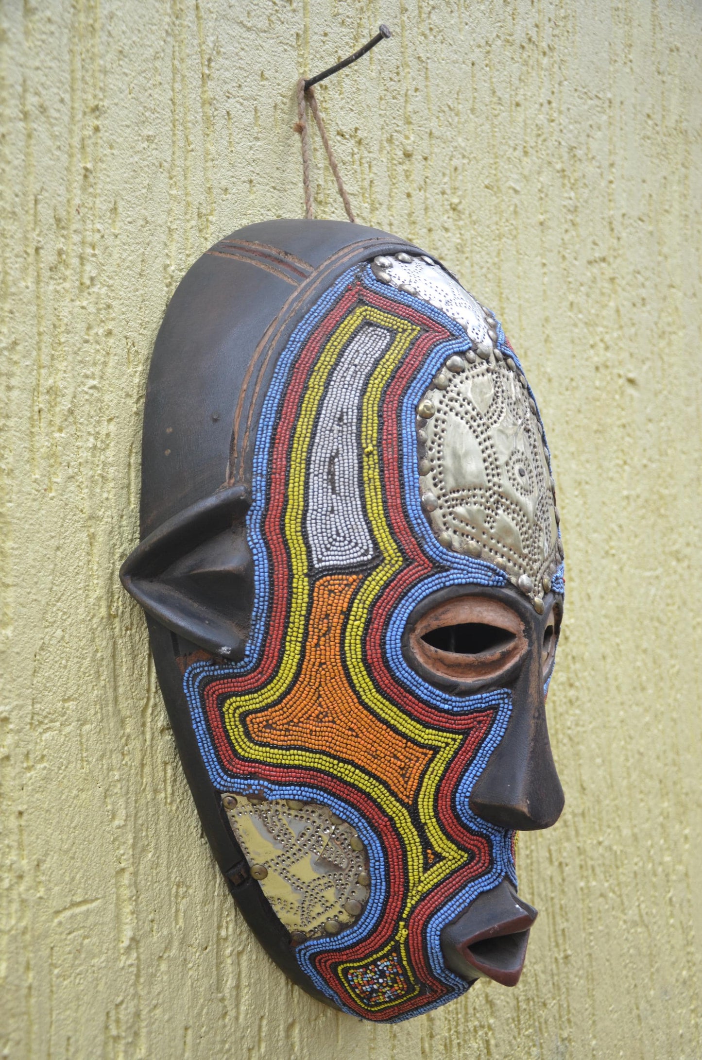 Ashanti Luba Beaded Mask | Hand-Carved Wood Tribal Art | Colorful Glass Bead Wall Decor