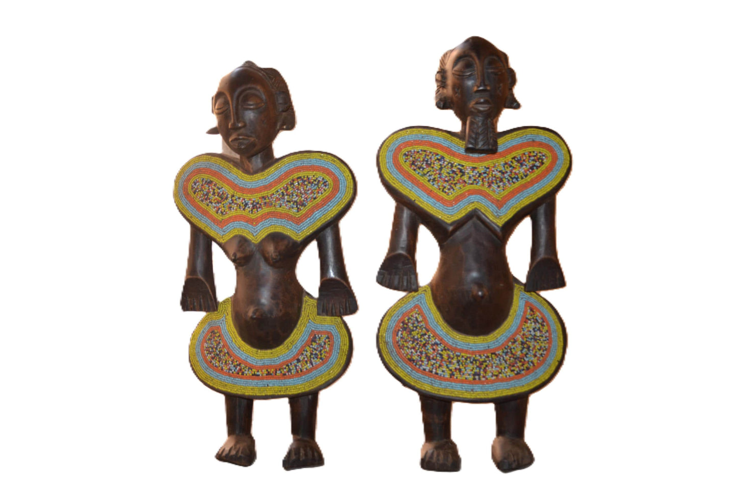 Luba Beaded Couple Figures DRC | African Wood Sculpture | Congo Tribal Statue