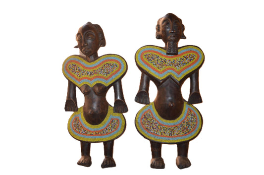 Luba Beaded Couple Figures DRC | African Wood Sculpture | Congo Tribal Statue