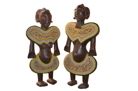 Luba Beaded Couple Figures DRC | African Wood Sculpture | Congo Tribal Statue