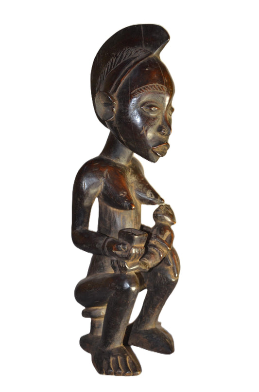 Chokwe Maternity Figure Seated | African Wood Sculpture | Congo Tribal Statue