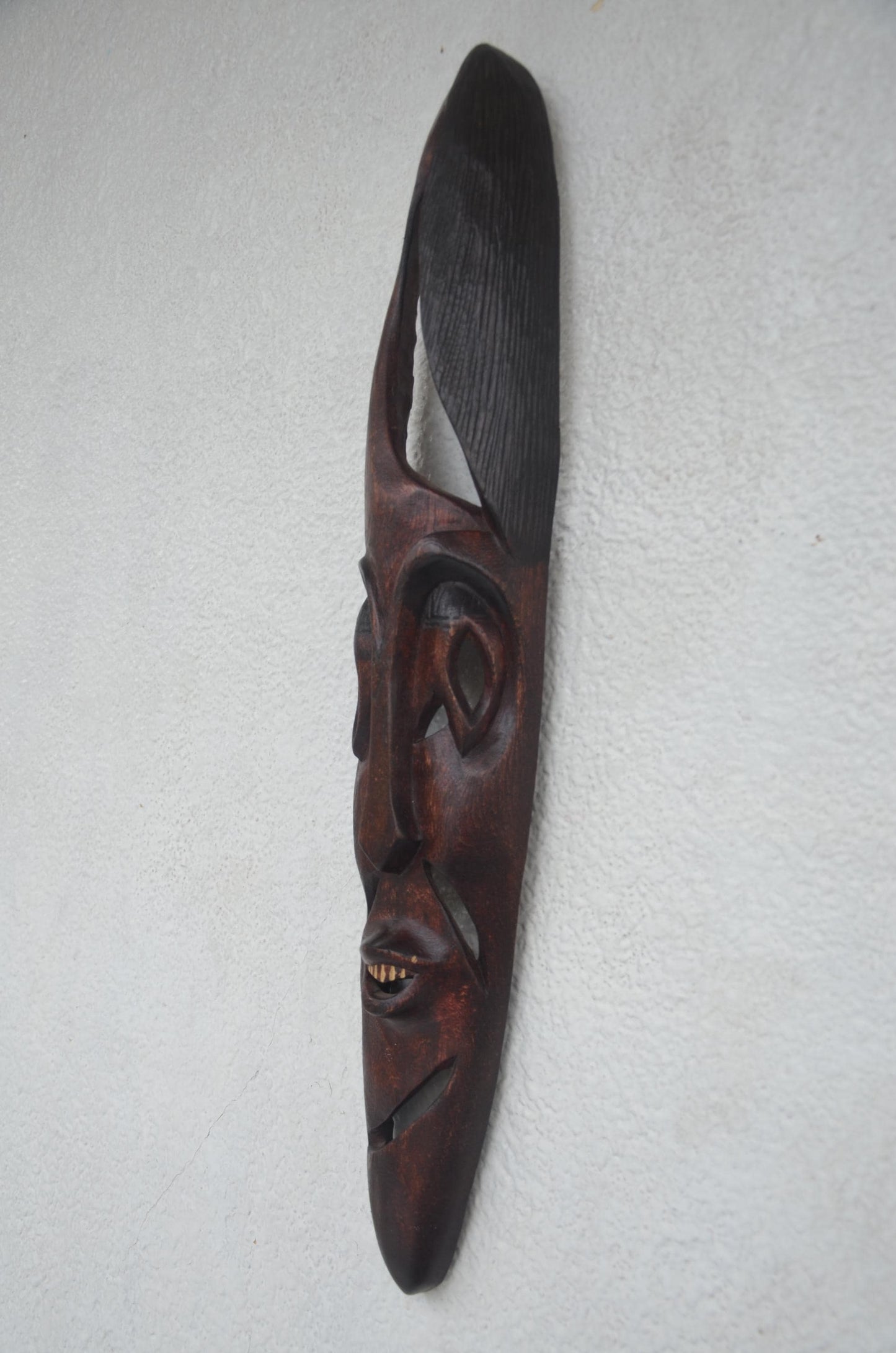 Rwandese Facemask | Elongated Hand-Carved Wood Art | Rwanda Ultra Slim Tribal Wall Decor