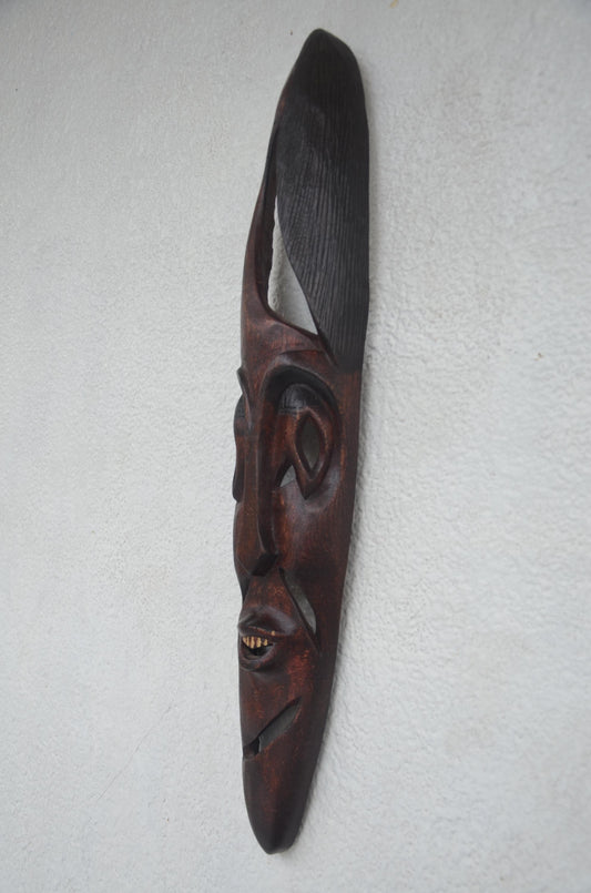 Rwandese Facemask | Elongated Hand-Carved Wood Art | Rwanda Ultra Slim Tribal Wall Decor