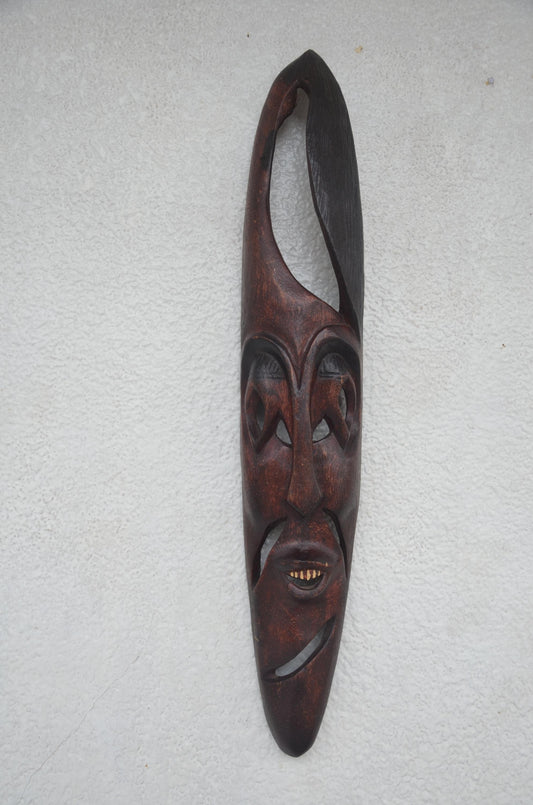 Rwandese Facemask | Elongated Hand-Carved Wood Art | Rwanda Ultra Slim Tribal Wall Decor