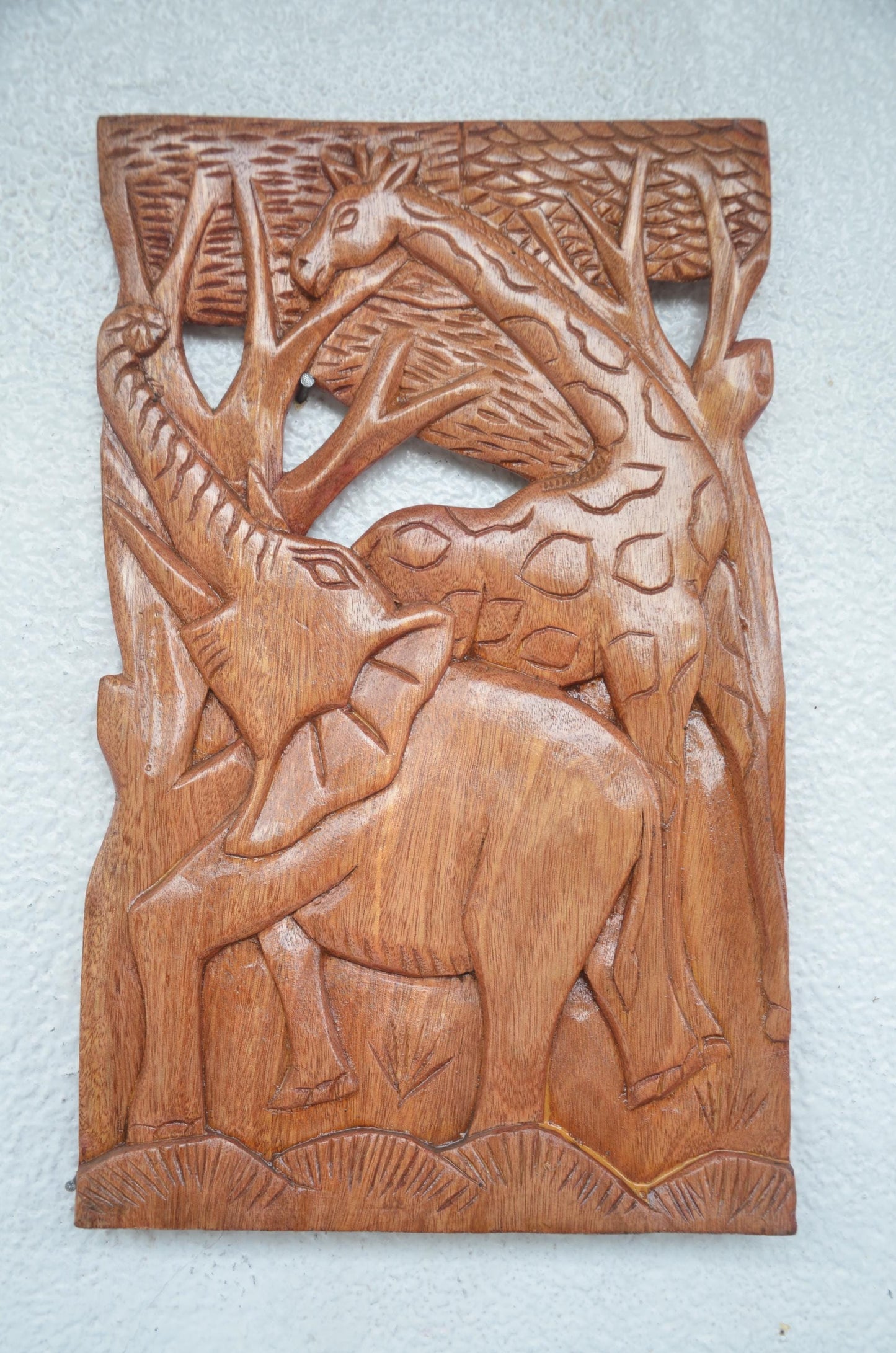 African Wood Wall Art | Hand-Carved Elephant Giraffe Panel | Safari Wildlife Office Decor