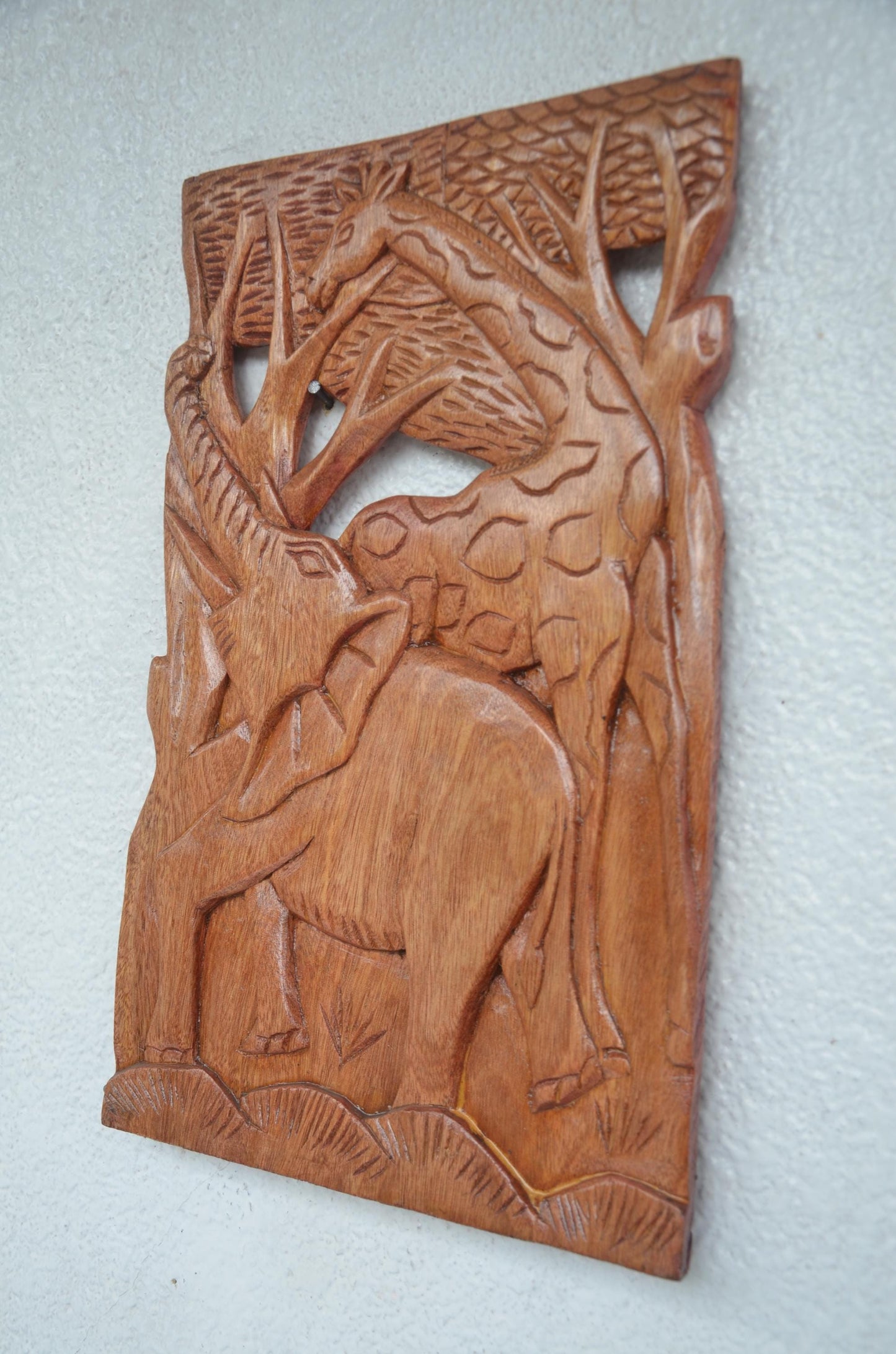 African Wood Wall Art | Hand-Carved Elephant Giraffe Panel | Safari Wildlife Office Decor