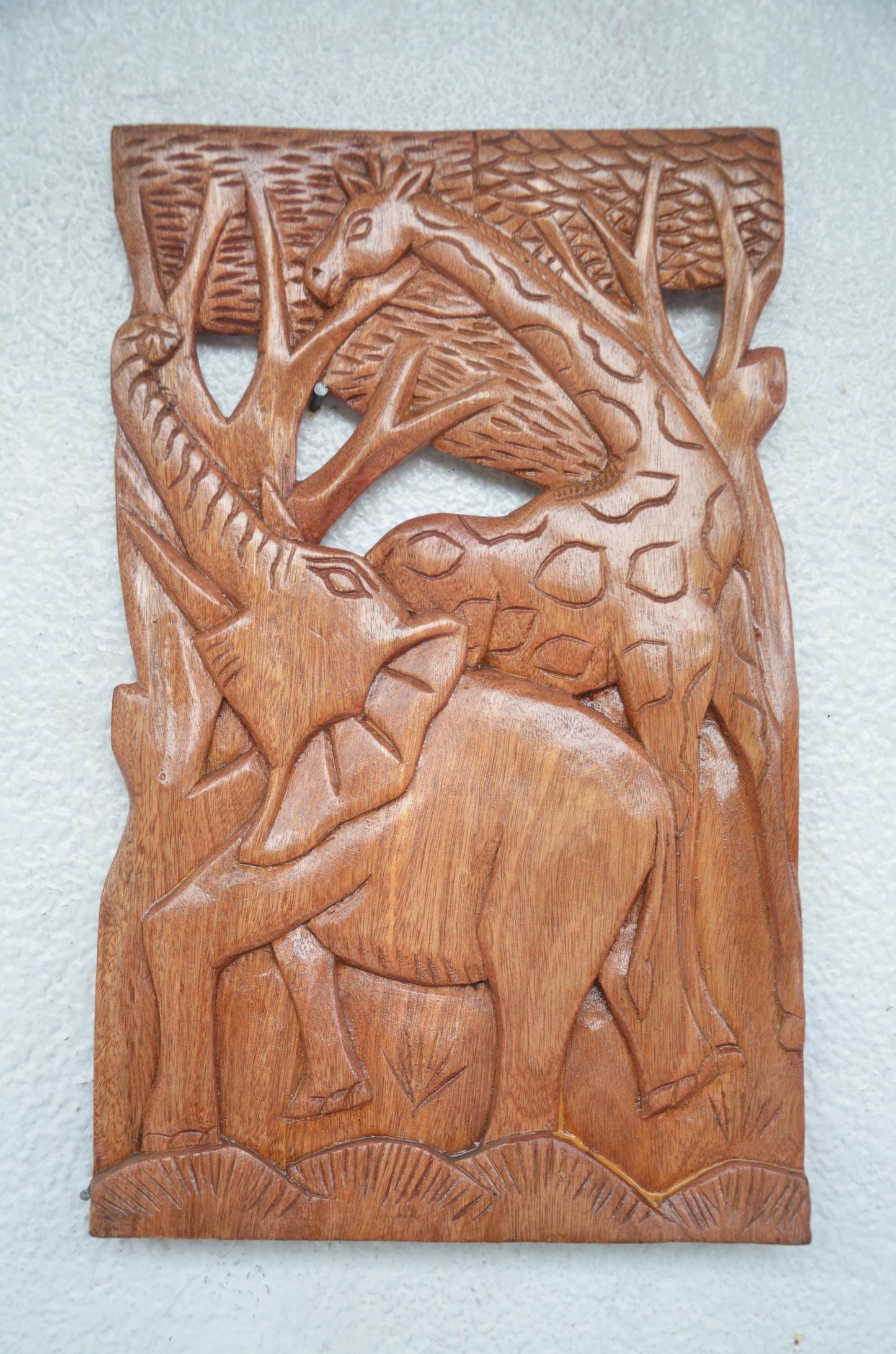 African Wood Wall Art | Hand-Carved Elephant Giraffe Panel | Safari Wildlife Office Decor