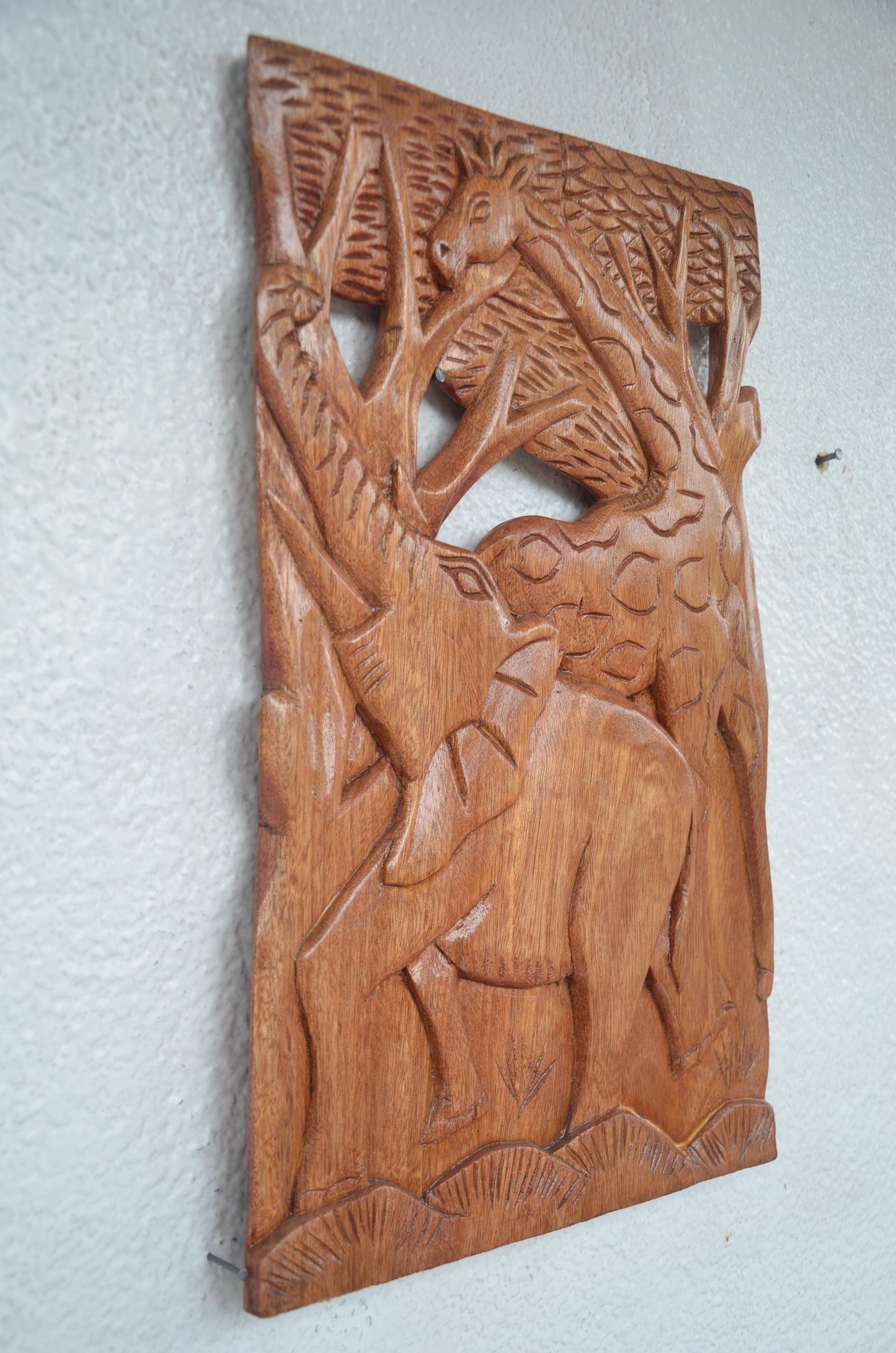 African Wood Wall Art | Hand-Carved Elephant Giraffe Panel | Safari Wildlife Office Decor
