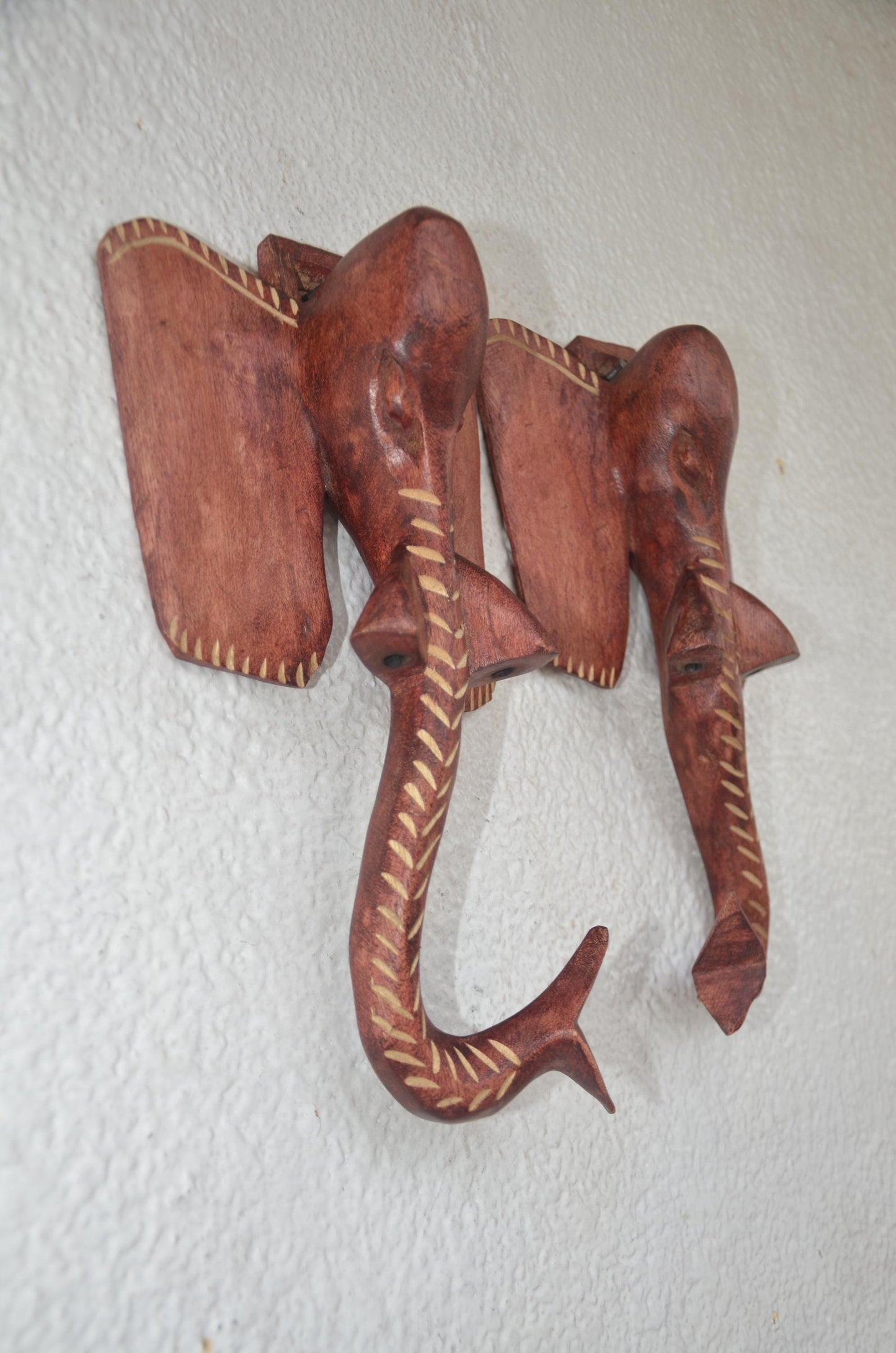 Nyiragongo Elephant Hooks | Hand-Carved Wood Trunk Pair | African Wildlife Wall Coat Rack