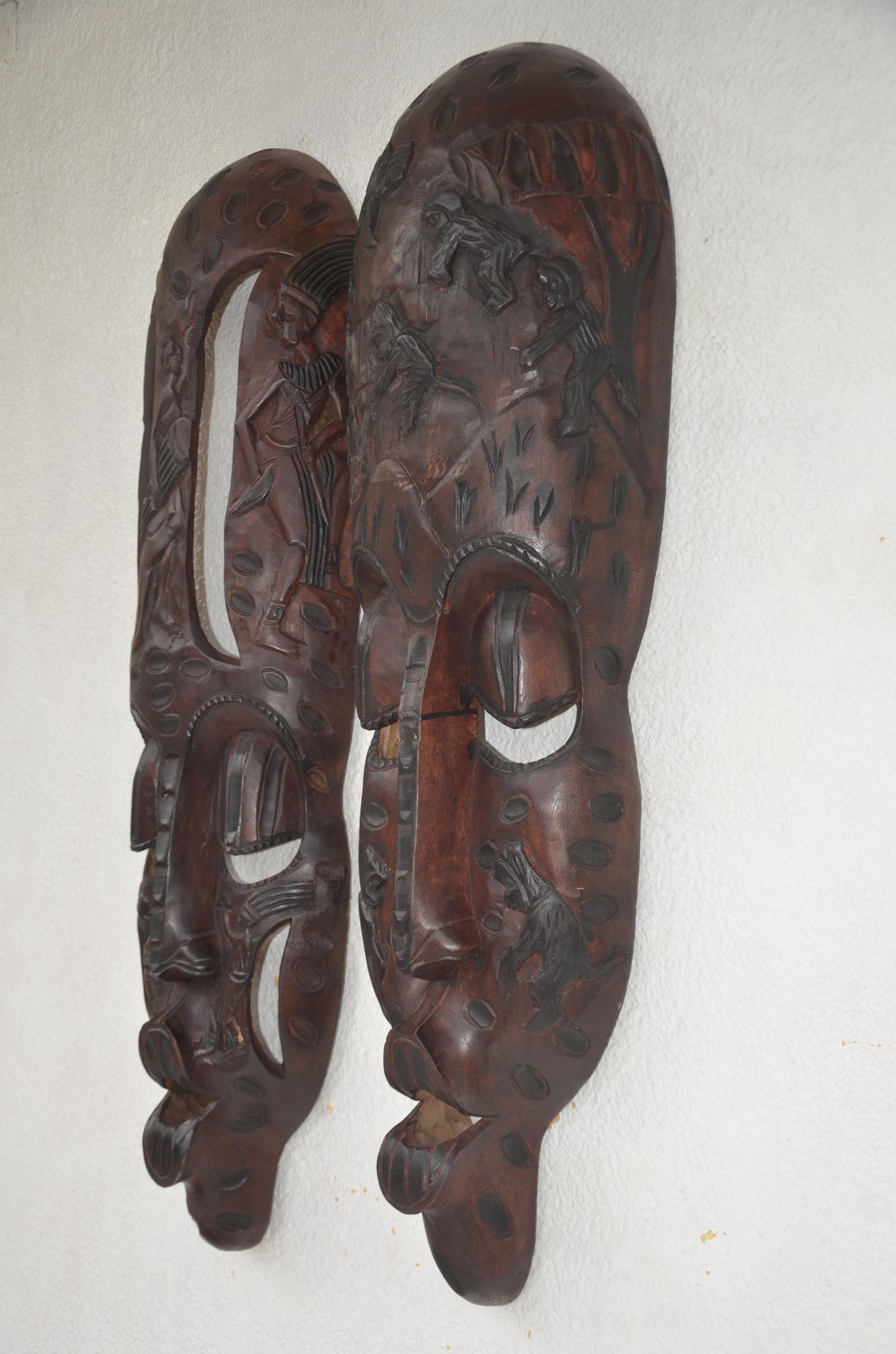 Bungura Couple Masks | Large Hand-Carved Wood Panel | 46-Inch African Ancestral Wall Art