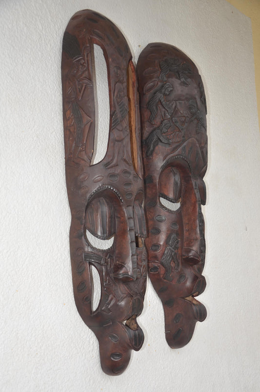 Bungura Couple Masks | Large Hand-Carved Wood Panel | 46-Inch African Ancestral Wall Art