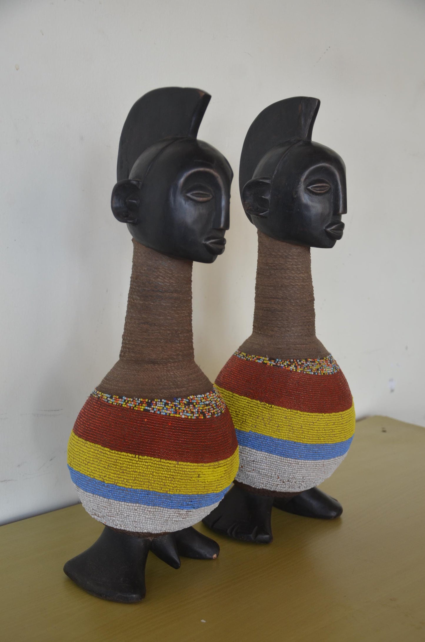 Namji Fertility Dolls Pair – 20" Beaded Wood – Cameroon Tribal Art Statues