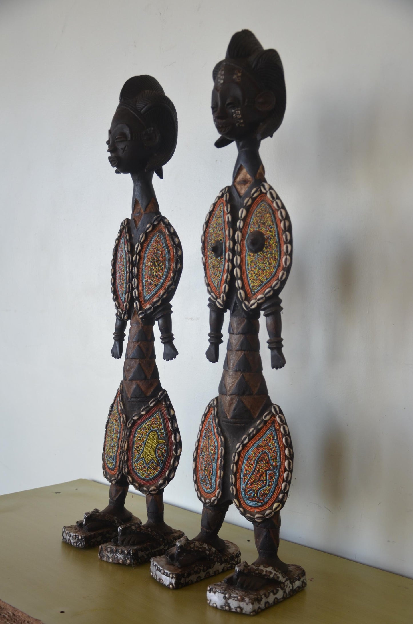 Huge 37" Namji Fertility Doll Pair – Hand-Carved Beaded Wood – Cameroon Floor Art
