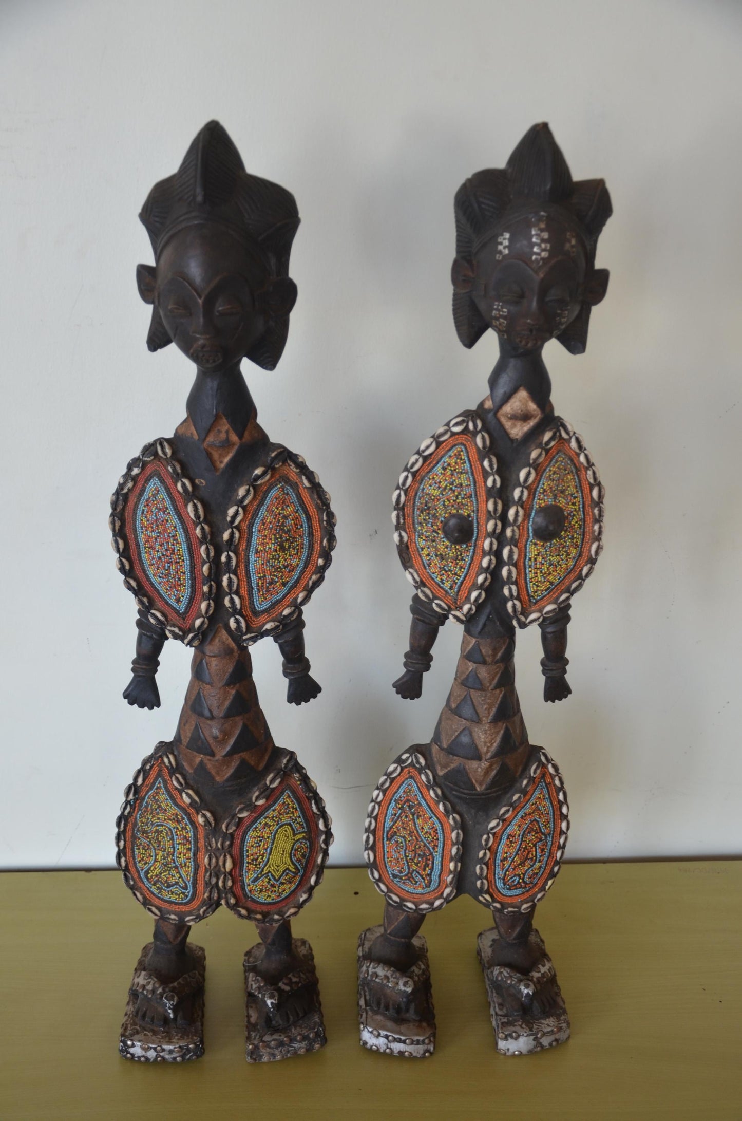 Huge 37" Namji Fertility Doll Pair – Hand-Carved Beaded Wood – Cameroon Floor Art