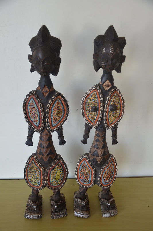 Huge 37" Namji Fertility Doll Pair – Hand-Carved Beaded Wood – Cameroon Floor Art