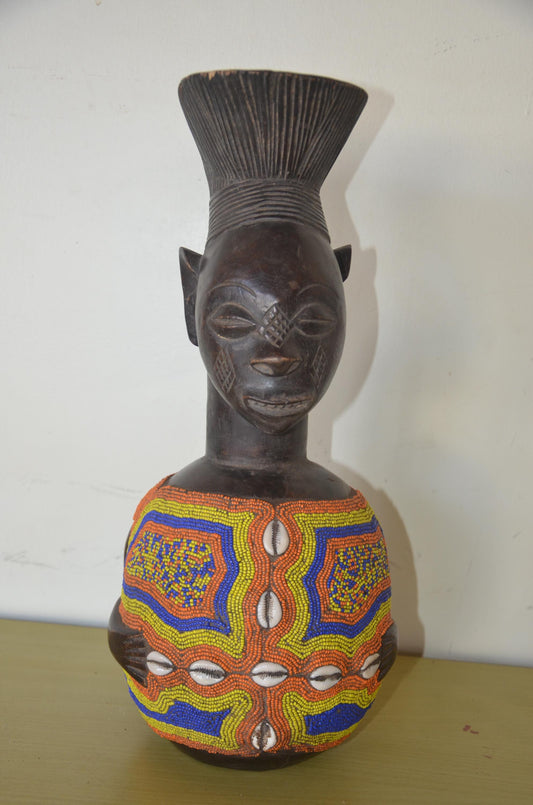 Namji Dowayo Fertility Doll – 18" Beaded Wood – Cameroon Tribal Art Statue