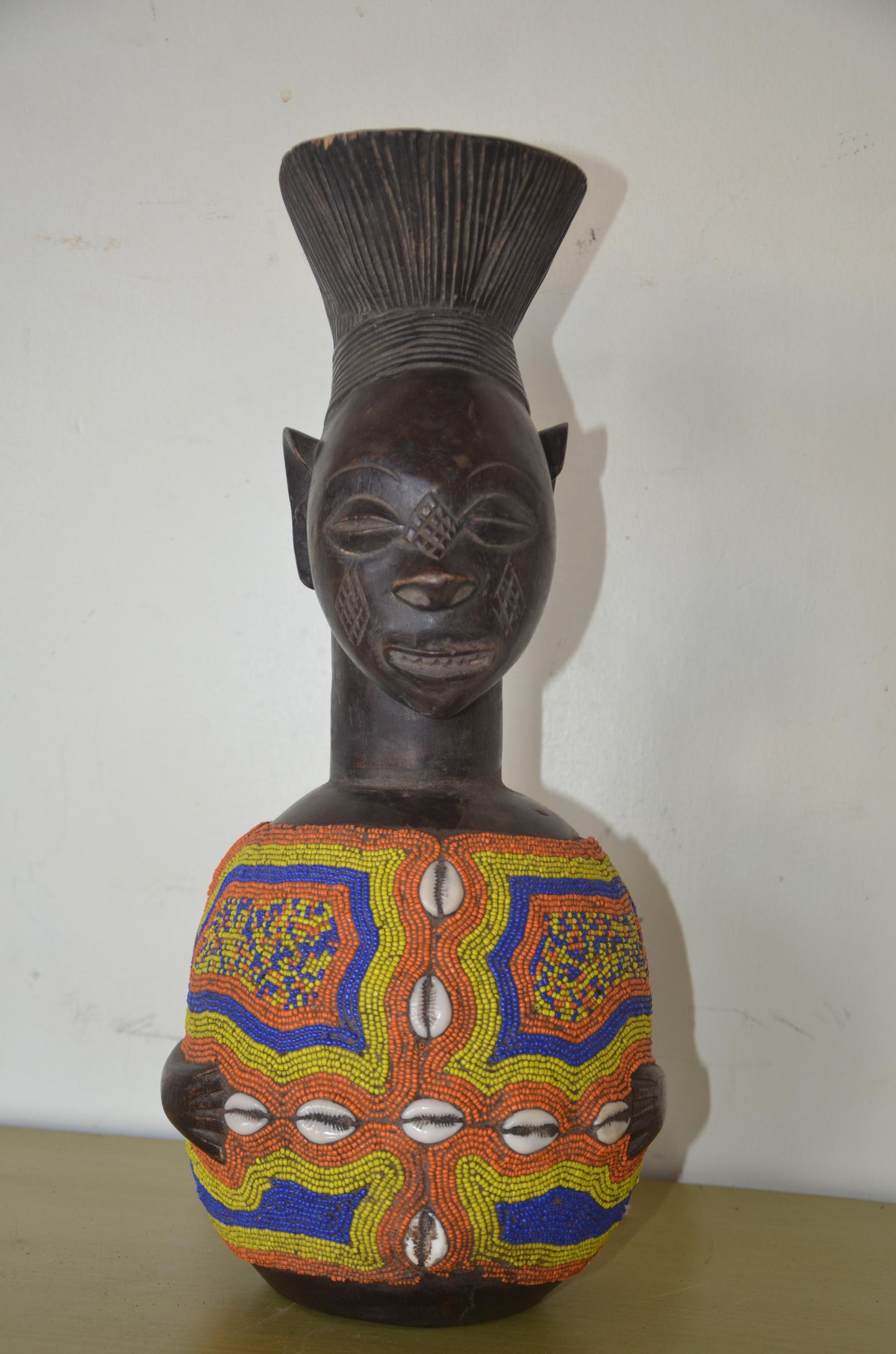 Namji Dowayo Fertility Doll – 18" Beaded Wood – Cameroon Tribal Art Statue
