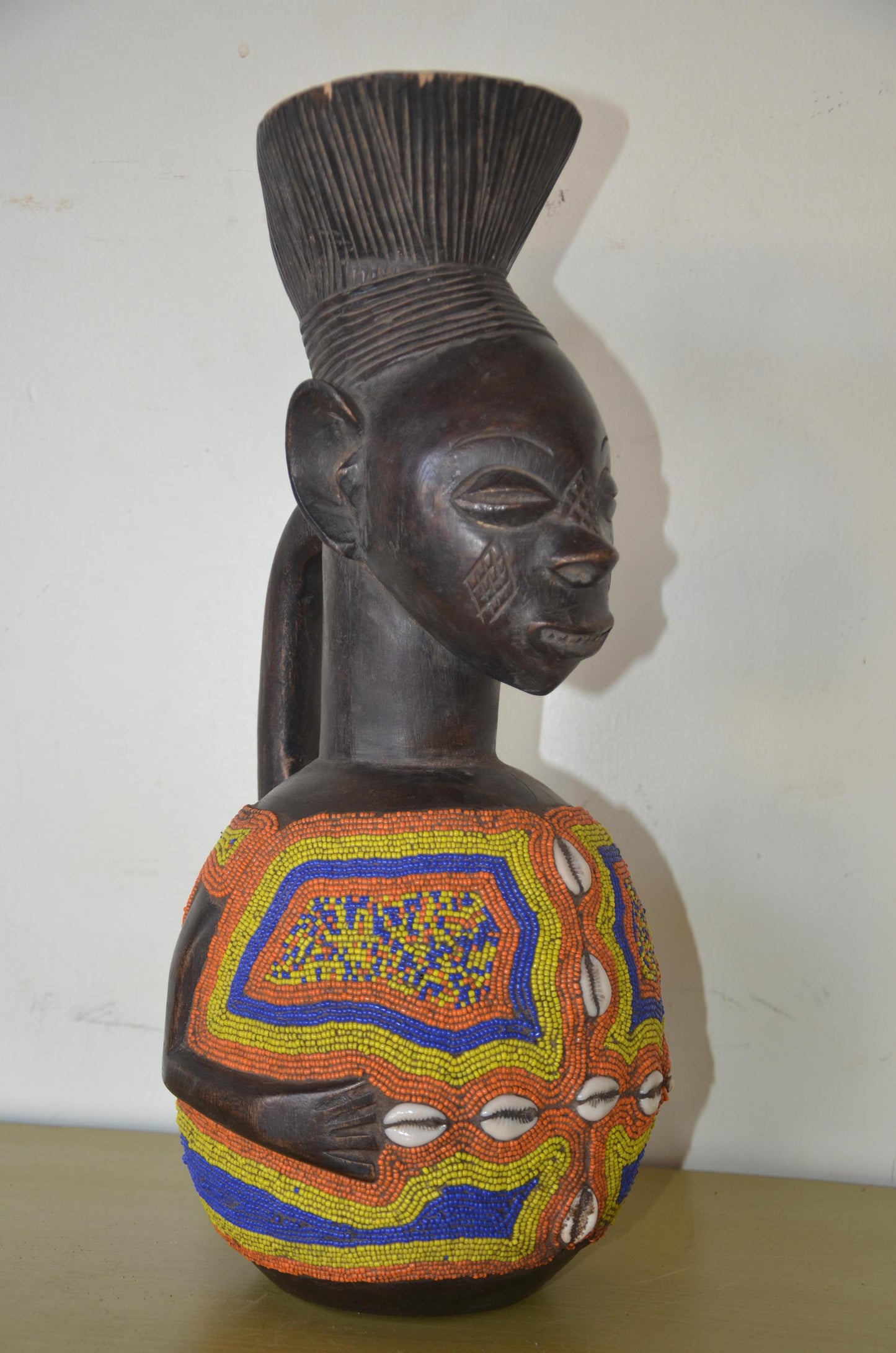 Namji Dowayo Fertility Doll – 18" Beaded Wood – Cameroon Tribal Art Statue
