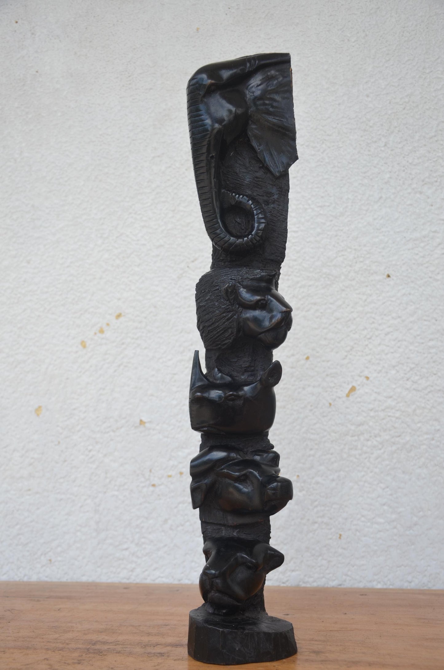 African Big Five Totem | Hand-Carved Wood Safari Pillar | Elephant Lion Leopard Statue