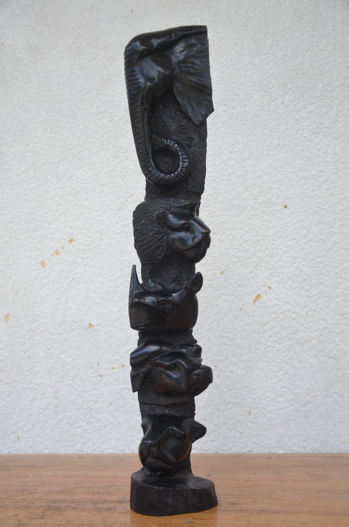 African Big Five Totem | Hand-Carved Wood Safari Pillar | Elephant Lion Leopard Statue