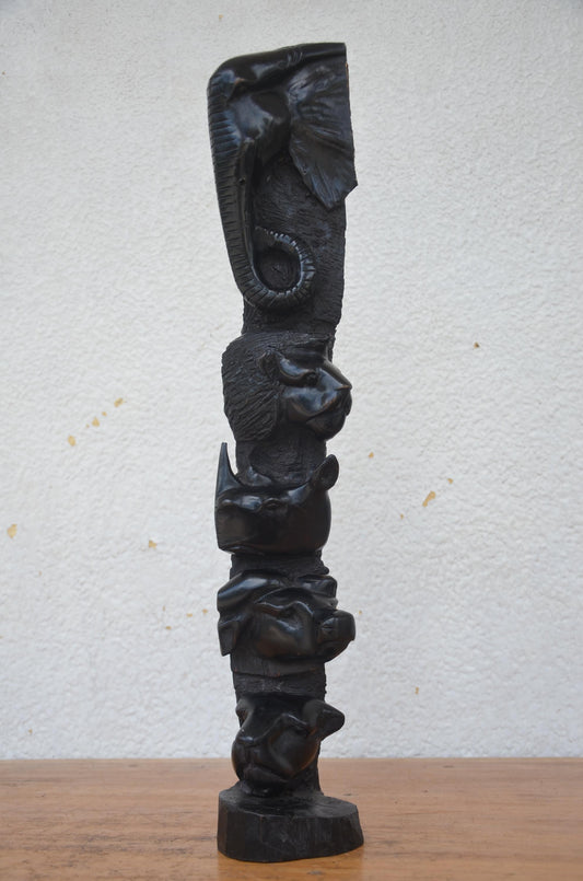 African Big Five Totem | Hand-Carved Wood Safari Pillar | Elephant Lion Leopard Statue