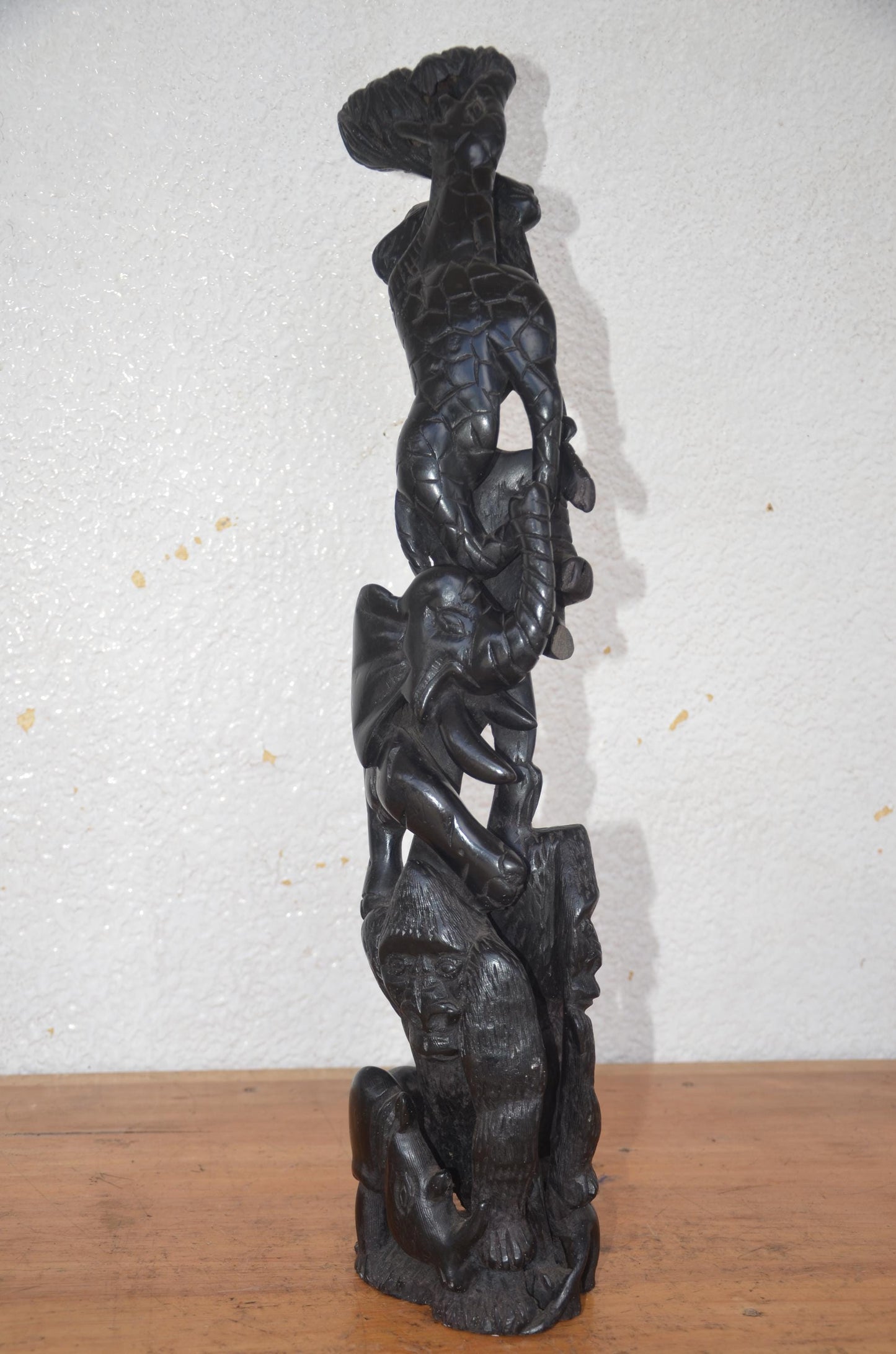 Ebony Wood Jungle Totem | Hand-Carved African Wildlife Pillar | Gorilla Elephant Statue