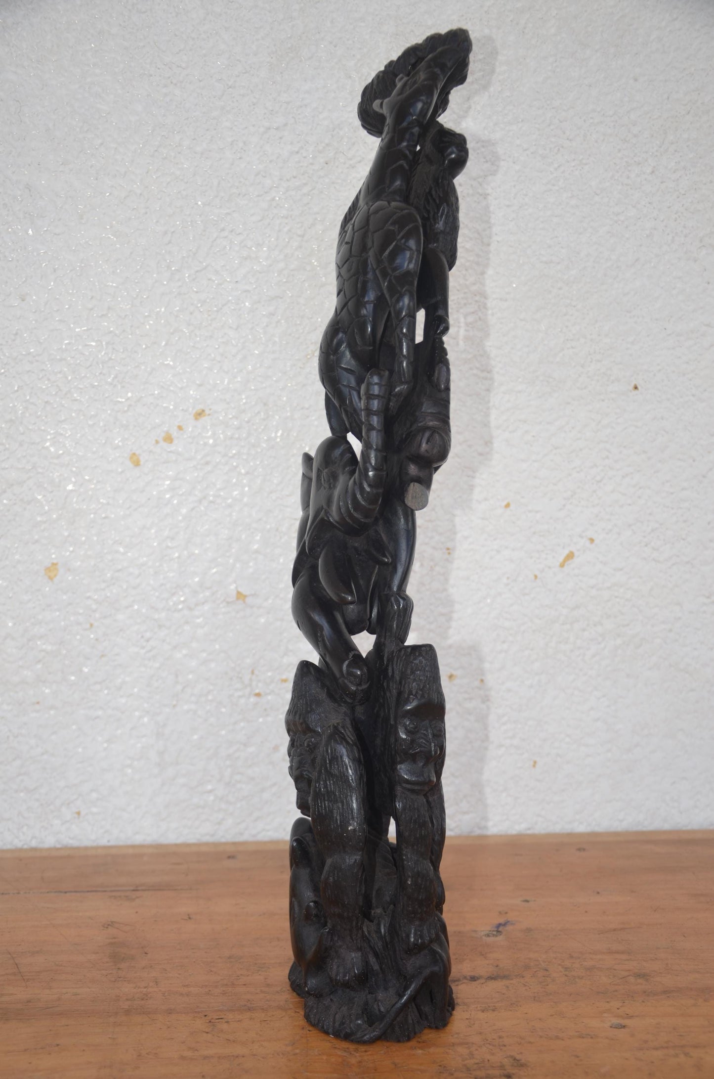 Ebony Wood Jungle Totem | Hand-Carved African Wildlife Pillar | Gorilla Elephant Statue