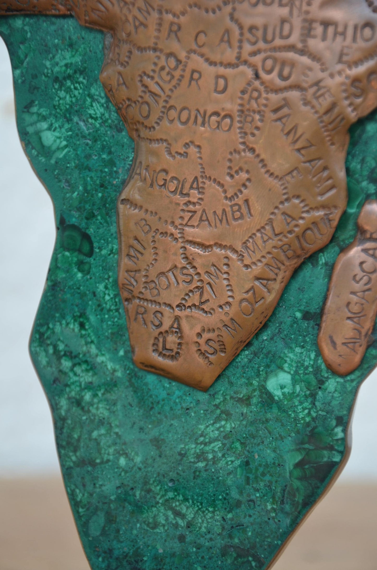 Malachite Africa Map | Copper Relief Stone Statue | Hand-Stamped Afrique Desk Sculpture