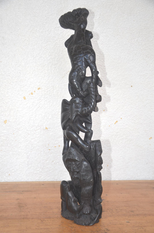 Ebony Wood Jungle Totem | Hand-Carved African Wildlife Pillar | Gorilla Elephant Statue