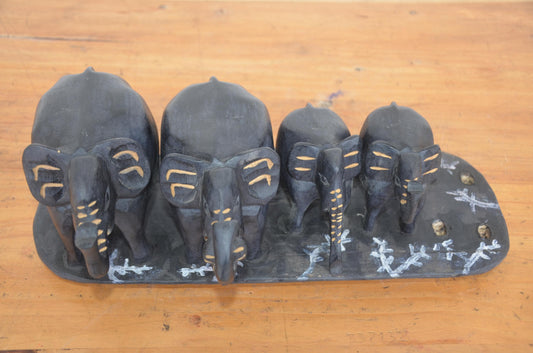 African Elephant Family – 16" Hand-Carved Wood Statue – Wildlife Herd Art